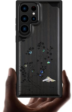 Carveit Designer Wooden Case for Samsung Galaxy S23 Ultra Case Cover [Wood Engraving & Shell Inlay] Compatible with Wireless Chargers S23 Ultra Case (Cherry Blossom-Blackwood)