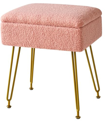 YMYNY Schminkhocker Stuhl Mit Stauraum, Quadratischer Pouf Aus Teddy Samt, Moderner Multifunktionaler Make-up-Hocker für Schlafzimmer, Wohnzimmer 40 x 30 x 47CM Rosa HBD031P