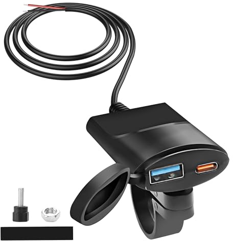 MEIRIYFA USB Telefon Ladegerät 12V-24V, 18W USB QC3.0 + 30W PD Typ-C Lenker Ladegerät Schnellladung mit wasserdichter Abdeckung für Telefon Tablet GPS - 1.4M/4.6FT