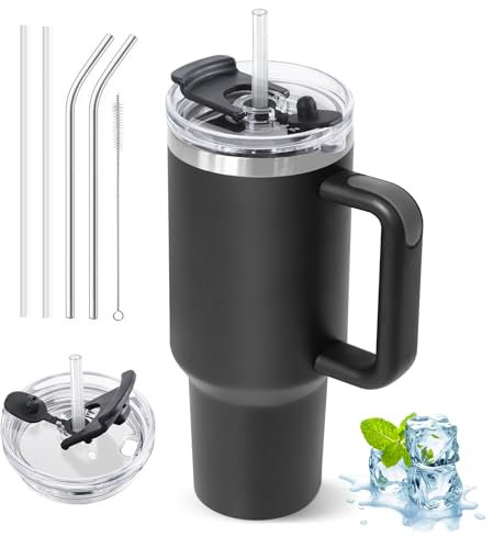 ZAKVOP Borraccia Termica con Cannuccia, 1200ml Tazza con Coperchio Multifunzione e Maniglia, Mug Tumbler Cup da Viaggio (Nero)