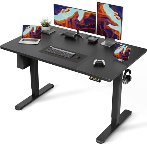 Claiks Höhenverstellbarer Schreibtisch 140 x 70 cm (FSC®), 80KG Tragkraft Schreibtisch Höhenverstellbar mit 2 Haken und 3 Memory-Funktion, Standing Desk mit Leiser Motor für Home Office, Schwarz