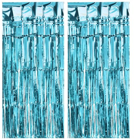 sourcing map 2 Pcs Light Blue Tinsel Curtain Backdrop,3.3ft x 8.2ft Metallic Foil Fringe Curtains Door Streamers for Birthday Graduation Engagement Party Decorations
