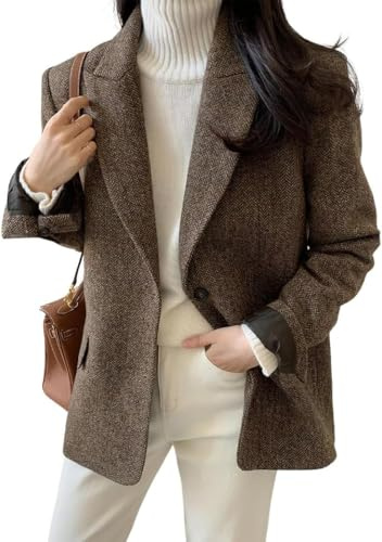 Goolecrimp Women's Fall and Winter Wool Blend Blazer Fashion Casual Business Single-Breasted Blazer Elegant Loose Career Wedding Guests Blazer (Coffee,S)