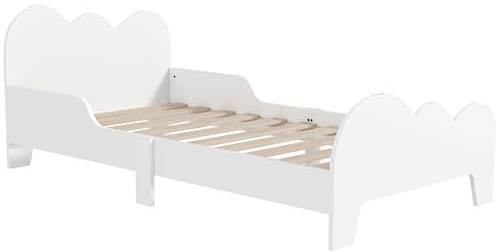AIYAPLAY Barnsäng för barn, 70 x 140 cm, med säkerhetsgrind, ribbotten ingår och molndekorationer, sängram för pojkar och flickor från 3 till 8 år – vit