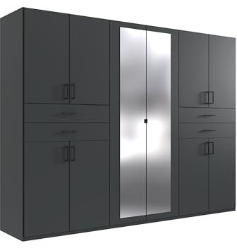 möbelando Drehtürenschrank >Taiga< graphitfarben, mit 10 Türen, 2 Spiegeln, 4 Schubladen, 4 Einlegeböden, 2 Kleiderstangen, Made in Germany, modern, 270x208x58cm (BxHxT)