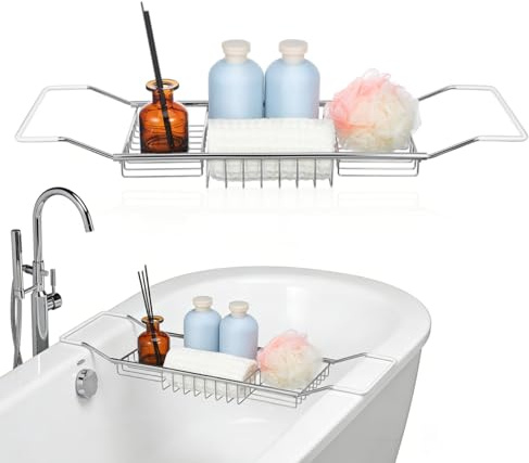 BESTOYARD 64-98cm Ausziehbare Badewannenablage Edelstahl Badewannentablett | Rutschfestes Design, Edelstahl Material, Buch Glas Halter, Badezimmer Zubehör, Badewannen Organizer