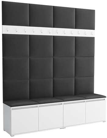 Brent - Garderobenschrank Flur Weiß mit sitzbank 200 cm Breit Luton 2 - Multifunktionale Flurgarderobe Set mit Stauraum und Wandpaneel, Garderobe mit Sitzfläche und Kleiderhaken