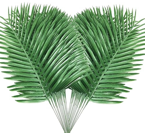 Paquete de 24 ramas de hojas de palmera para plantas artificiales de domingo de palmeras falsas, plantas tropicales para arreglos florales, selva hawaiana, playa, boda, fiesta (24, verde)
