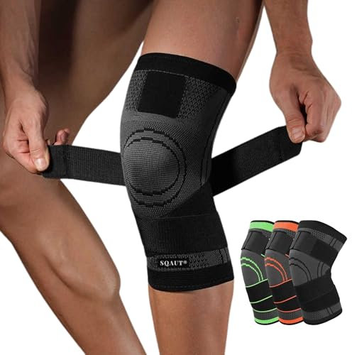 SQAUT® Kniebandage Kniestütze Knie Kompression Sport Bandage für Laufen, Fußball, Kraftsport, Fitness, Arthrose rutschfeste mit Klettgürtel stabilisiert Damen & Herren (Schwarz, XL)