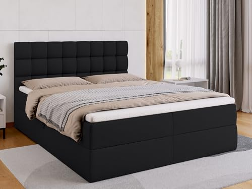 BROMARKT Boxspringbett mit Matratze 160x200cm Bett mit Topper Schwarz | Polsterbett mit Bettkasten Doppelbett mit Stauraum für Schlafzimmer gepolsterte Kopfteil Bed Bonell Boxbett H3 DAKOTA