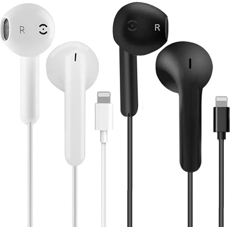 Lot de 2 écouteurs pour iPhone avec Câble, Certifiés Apple MFI Lightning écouteurs avec Microphone Compatibles avec iPhone 14/13/12/11/X/Pro/Pro Max (Blanc et Noir.)