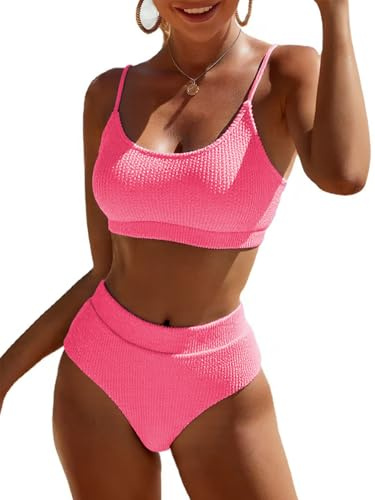 Fanuerg Women's Ribbed High Waisted Bikini Sets Scoop Neck Two Piece Swimsuits Spaghetti Strap Textured Bathing Suit Hot Pink S