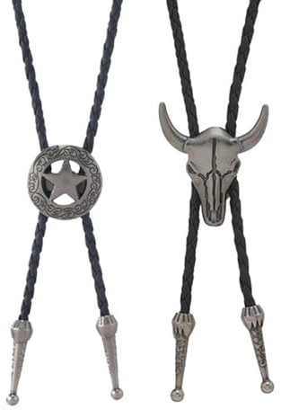 Ticome 2Pcs Cowboy Necklace Set,Cowboy Neck Tie, Men Leather Fashion Retro Necktie Rope Cord Bull Skull Bola Tie, Western Cow Skull Ranger Star Chain