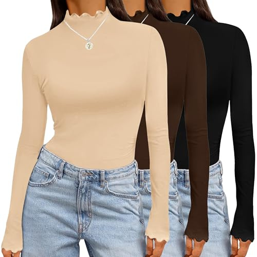 Ekouaer 3 Pack Langarmshirt Damen Unterziehshirt Langarm Stehkragen Basic Tops Slim Fit Oberteil Warm Shirt Winter
