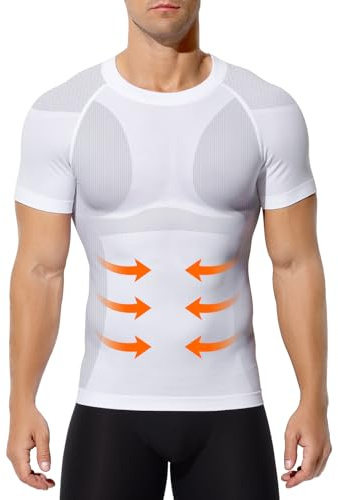Casey Kevin Camisa Compresión Hombre Manga Corta, Faja Reductora Compresión Adelgazante para Hombre, Camisetas Interiores Delgadas para Abdominales Body Shaper, Blanco, L