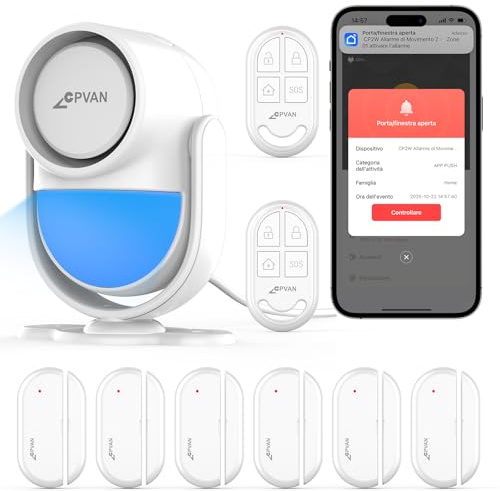 CPVAN WiFi Alarmanlage Haus mit PIR-Bewegungsmelder,Drahtloses DIY-Smart-Alarmsystem mit 6 Tür-/Fenstersensoren für Sicherheit – Lokalaler Alarm & App-Benachrichtigung, Weiß