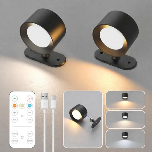 LOHAS Battery Operated Wall Lights, Magnetic LED Rechargeable Wall Lights | 360° Rotating Wireless Wall Sconces with Remote, 3CCT & Dimmable, Wall Lamp for Living Room Corridor Stairs, 2 Pack, Black