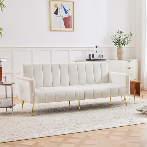Generisk soffa, 3-sitsig soffa, bäddsoffa med sovfunktion, 5 justerbara vinklar, med stödfötter, sammetstyg, hörnsoffa, för vardagsrum, kontor, lounge, rum, sovrum, 183 x 76 x 75 cm, beige