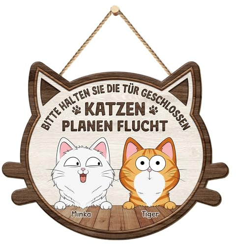 Geschenke Mall Holzschild Personalisiert - Katzen Planen Flucht - Schild selbst gestalten, haustürschilder mit namen, blechschild katze, holz namensschild, holzschild katzen (4 Katzen)