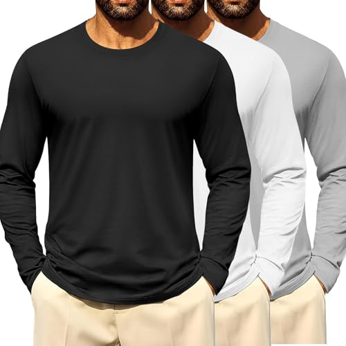 Lot de 3/5/10 T-Shirts Homme à Manches Longues Col Rond Unie Décontracté Basique Coton Doux et Élastique (FR/ES, Alpha/Lettres, M, Taille Normale, Taille Normale, 3pc-08)