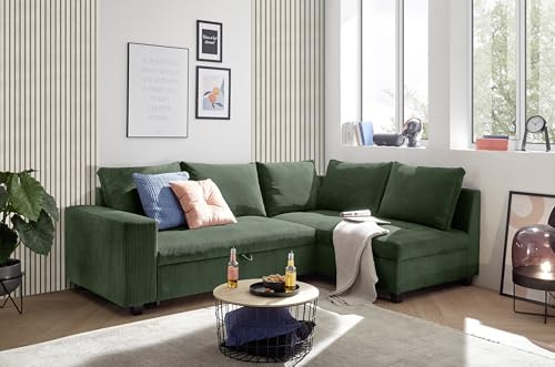 Ecksofa L-Form aus Cordstoff mit Schlaffunktion, grün (Wintermoss) – Liegefläche 147 × 207 cm, Breite 243 cm, Sitzhöhe 45 cm, Modell MIRA