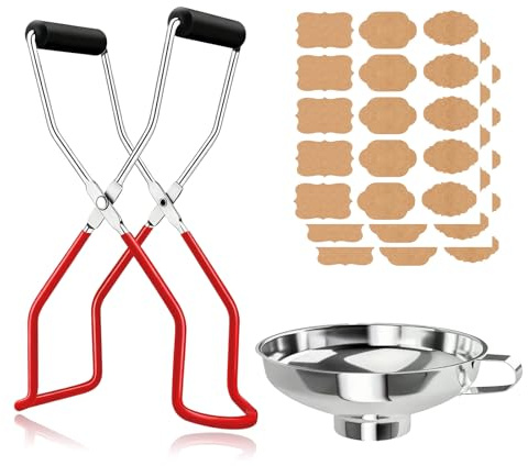 Metal Canning Equipment Tongs with Funnel, Heat-Resistant Jar Lifter with Grip Handle, Jam Making Canning Tongs for Transfer of Bowl Plate Jar Bottle, Red
