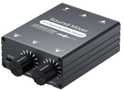 Uqezagpa Mezclador de sonido profesional de 2 canales, carcasa de aluminio para accesorios de equipos al aire libre, mezclador de sonido de doble fuente