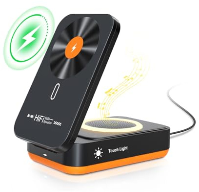 3-in-1 Caricabatterie Senza Fili compatible con iPhone 17/16/15/14/13/12 Pro Max, con Altoparlante Bluetooth, Illuminazione 3 Livelli & Supporto per Telefono Pieghevole Nero