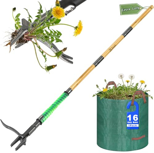 Herramienta de eliminación de malezas, extractor de malas hierbas resistente con cabeza de acero de 4 garras y mecanismo de doble expulsión, mango largo de bambú de 146 cm, herramientas de deshierbe
