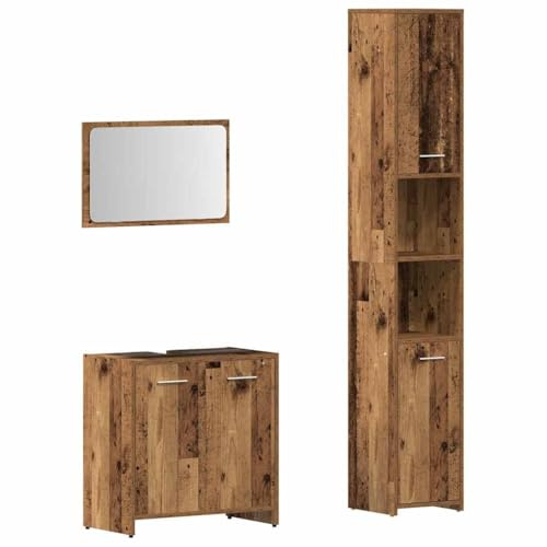 Yisssmeng 3-TLG. Badmöbel-Set in Altholz-Optik, Waschbeckenunterschrank, Spiegel und Hochschrank, Badschrank-Set aus Holzwerkstoff, modernes Badezimmer-Möbelset für Stauraum