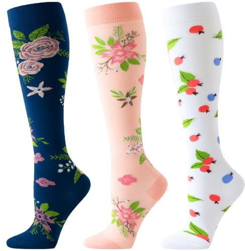 Calcetines de Compresión Mujer Hombre 15-20 mmHg,Medias de Compresión Calcetines Contenitivas para Circulación Sanguínea,Calcetines Deportivos y de Viaje para Running,Vuelo Larga 3 Pares