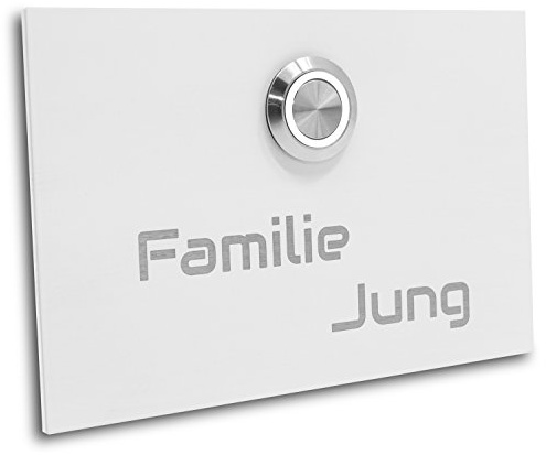 Jung-Edelstahl-Design Klingelplatte London 003 Größe 120 X 80 X 3 mm weiß RAL 9016 Pulverbeschichtet Gravur unten LED Taster (weiß) Edelstahlklingel Haustürklingel Klingel Türklingel