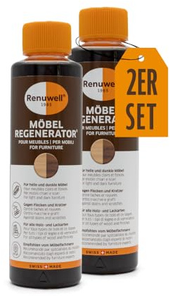Renuwell Möbel-Regenerator, 2x 500 ml Spar-Set – Intensive Pflege und Regeneration für Holzmöbel und Oberflächen, entfernt Wasserflecken, Kratzer & Hitze - Ringe, Schweizer Qualitätsprodukt