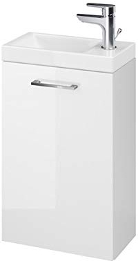 VBChome Das Lara Set 40 cm weiß Waschplatz Badmöbel in weiß Hochglanz Oberfläche Kleines Gästebad Bestehend aus Waschplatz und Waschbecken Schmale Badezimmermöbel für Gäste WC