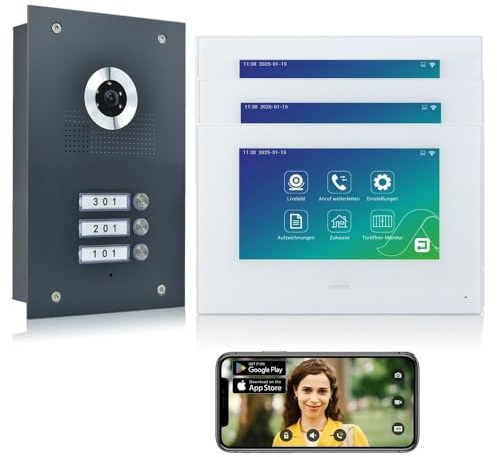 MATHFEL Video-Türsprechanlage 2-Draht Bus IP | 3-Familienhaus Klingelanlage | 3× 7 Zoll WLAN-Monitor weiß | Edelstahl Unterputz-Außenstation | Video Gegensprechanlage mit App