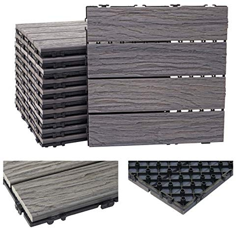 Mendler WPC Bodenfliese HWC-E19, Holzoptik Balkon/Terrasse, 3D-Struktur linear 11x je 30x30cm = 1qm - antik-braun