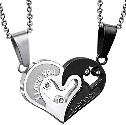 2 pezzi in acciaio inox collana coppia innamorata per 2, ciondolo coppia innamorata, cuore collana ciondolo donna uomo argento nero amore ciondolo cuore separabile amica puzzle catena 50 cm e 55 cm