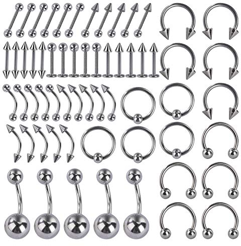 MengH-SHOP Piercing Schmuck Set Barbell für Lippe Bauch Nase Zunge Ohr Brustwarze Augenbrauen Knorpel Hufeisen Rings 60 Stück 12 Stile