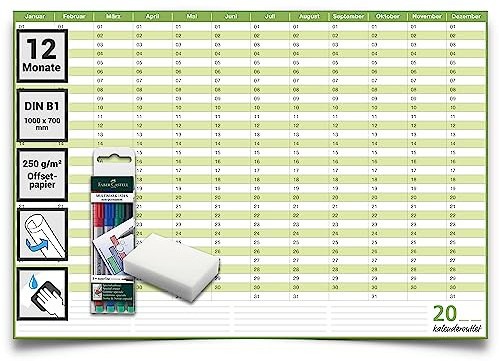 Kalenderoutlet din B1 abwischbarer Dauerkalender Geburtstagskalender immerwährender ewiger Kalender Jahresplaner 100x70cm inklusive 4er Stifte Set jahresunabhängig immer verwendbar, deutsche Sprache