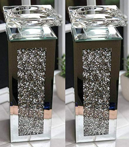 Set of 2 Crushed Diamond Crystal candle holder Tealight holder Clear Silver Mirror Glass Tall Pillar Taper Candle Holder Home Decor Wedding 25cm