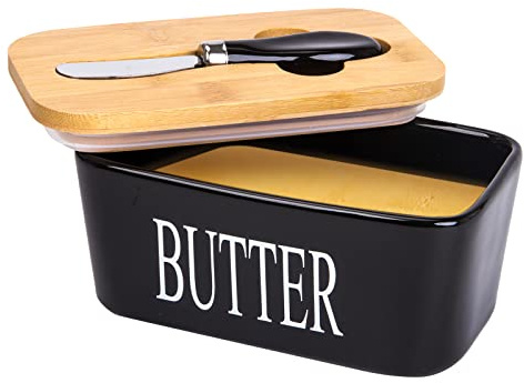 Arswin Mantequera de porcelana con tapa de bambú y cuchillo, 650 ml, negro con palabras