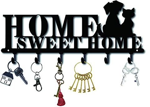 CREATCABIN Haken Kleiderbügel Wand Schlüsselhalter Metall Dekorative Kleiderbügel Mit Wort Sweet Home Und Hunde Feature Design Organizer Rack Mit 6 Haken Für Die Wand, Badezimmer, Küche, Eingang