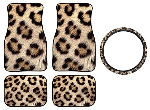 Binienty Auto Protector Zubehör Auto Fußmatten + Stretch On 38,1 cm Lenkradbezug 5er Set Classic Animal Leopard Print