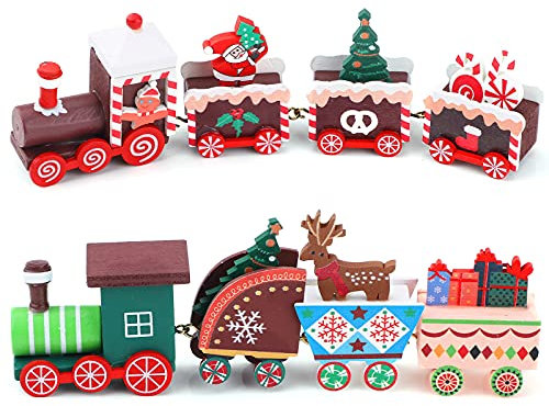 2 Pcs Mini Wood Train Set - Wooden Christmas Train Toy with 8 Carriages - Xmas Party Favors & Kids Gifts