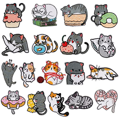 Animaux Broderies Écusson 18 Pièces Mignon Chat Patch Thermocollant Ecusson Ecusson Thermocollant Enfant Autocollant de Patch à repasser pour DIY Vêtement Jeans Sac à Dos Veste T-Shirt