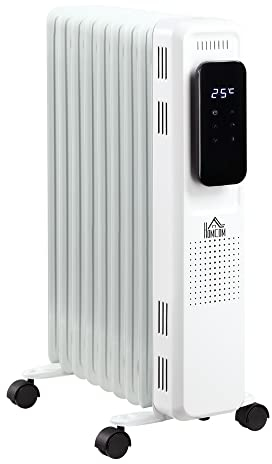 HOMCOM Ölradiator tragbar elektrisch Heizkörper 2000W 3 Heizstufen 24-Stunden-Timing elektrische Heizung 9 Heizplatten mit 4 Rollen Weiß Stahl 42,5 x 24 x 63 cm