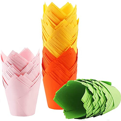 200 Pezzi Tazze Di Carta Per Muffin, Muffin Pirottini Carta Forno, Pirottini Per Muffin a Forma Di Tulipano, Facile Sformare per Muffin per Panifici, Catering, Matrimoni e Compleanni (4 Colori)