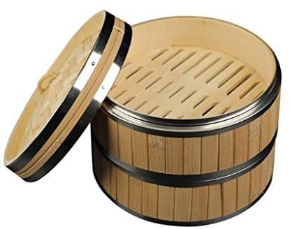 PIAOLING Bambus-Dämpfkorb, 3-stufiger Dampfgarer mit Deckel, runder chinesischer Dampfgarer, natürlicher Bambusknödel-Dampfgarer