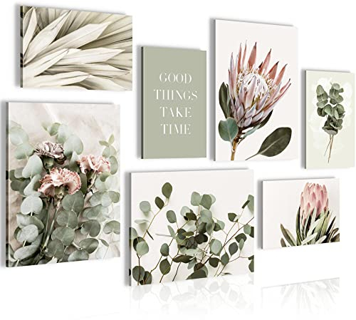 Novart Wandbilder Grün Blätter - KOMPLETT AUFHÄNGFERTIG - Boho Beige Wohnzimmer Schlafzimmer - 7 Moderne Mood-Bilder - N023071a