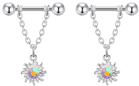 Longbeauty 14G Brustwarzenpiercing Brustpiercing Nippel Ringe Barbell Intim-Piercing mit Anhänger Edelstahl CZ Körperschmuck, 1 Paar, Sonne, Silber